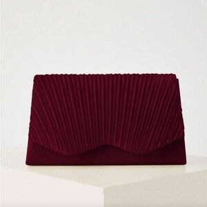 NWOT Elegant Satin Pleated Velvet Clutch - Wine Red